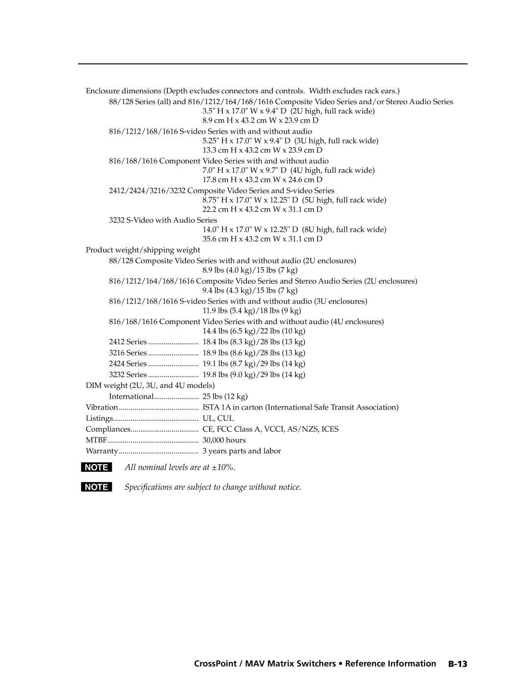 Extron electronic Ultra Series, MAV Plus Series manual CrossPoint / MAV Matrix Switchers Reference Information B-13 