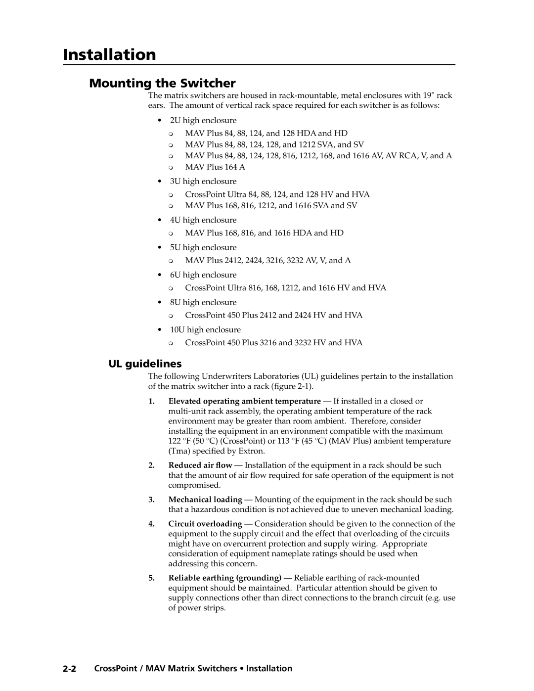 Extron electronic MAV Plus Series Mounting the Switcher, UL guidelines, CrossPoint / MAV Matrix Switchers Installation 