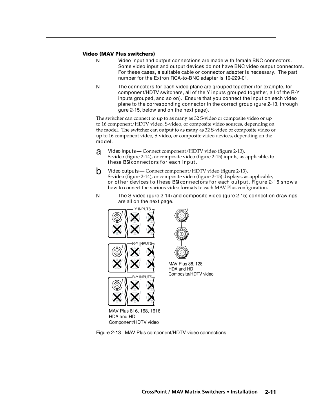 Extron electronic Ultra Series manual Video MAV Plus switchers\⤀, Video outputs Connect component/HDTV video figure 