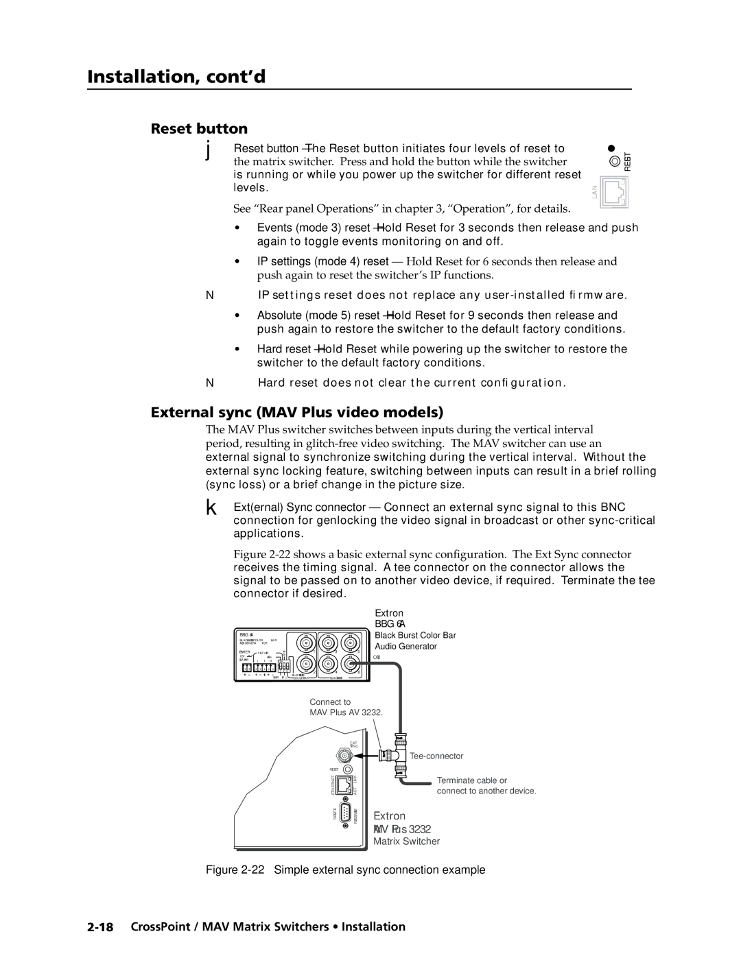 Extron electronic MAV Plus Series, Ultra Series manual Reset button, External sync MAV Plus video models\⤀ 