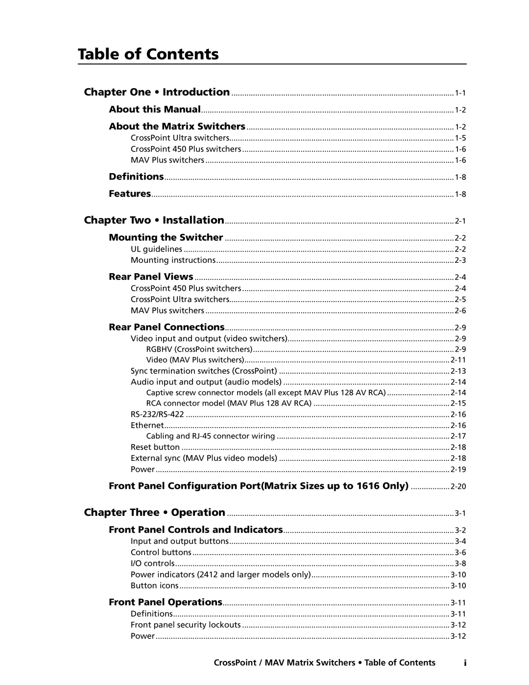 Extron electronic Ultra Series, MAV Plus Series manual Table of Contents 