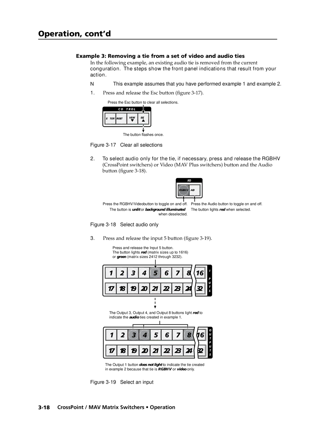 Extron electronic MAV Plus Series manual Example 3 Removing a tie from a set of video and audio ties, Clear all selections 