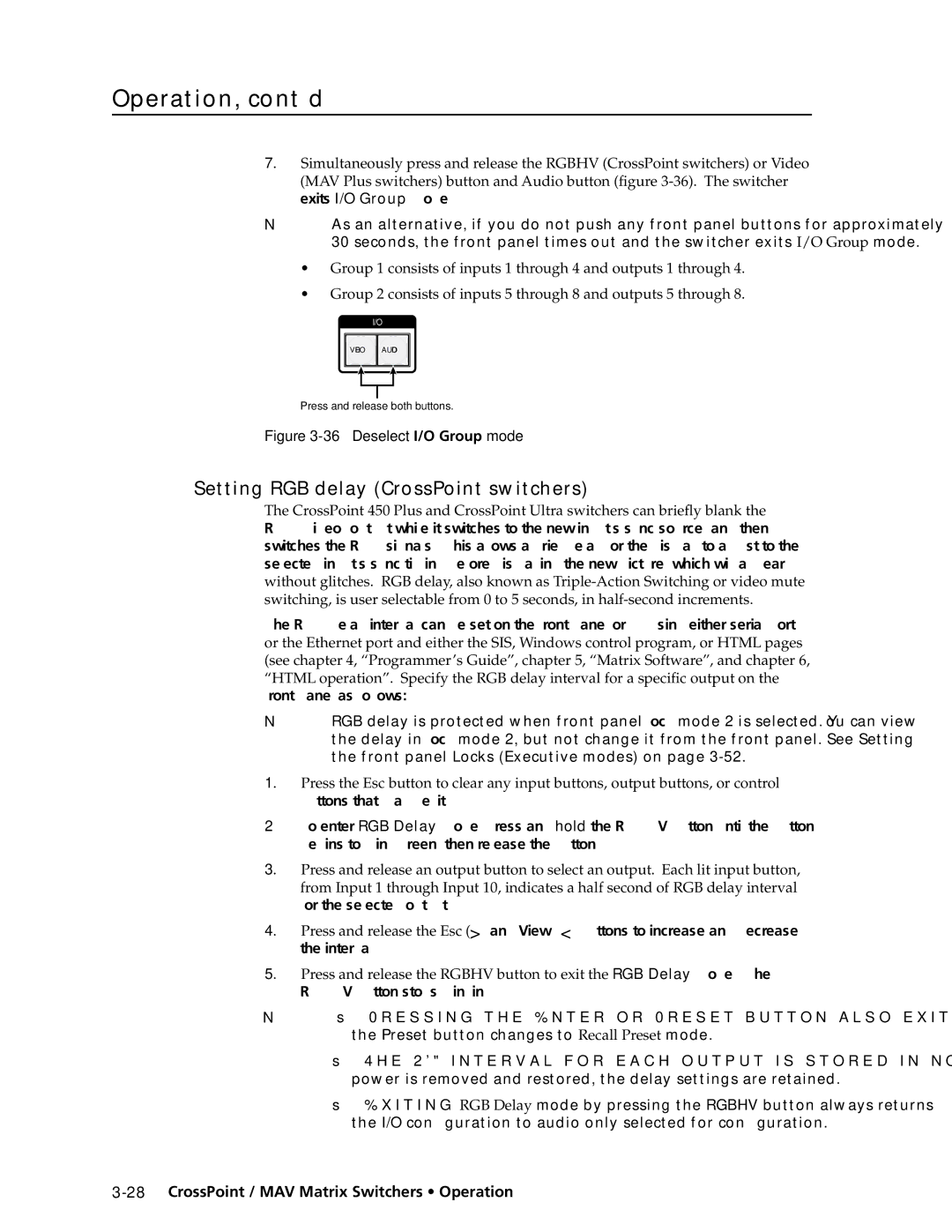 Extron electronic MAV Plus Series, Ultra Series manual Setting RGB delay CrossPoint switchers\⤀, Deselect I/O Group mode 