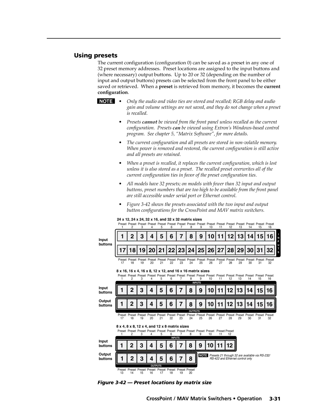 Extron electronic Ultra Series, MAV Plus Series manual Using presets, 24 x 12, 24 x 24, 32 x 16, and 32 x 32 matrix sizes 