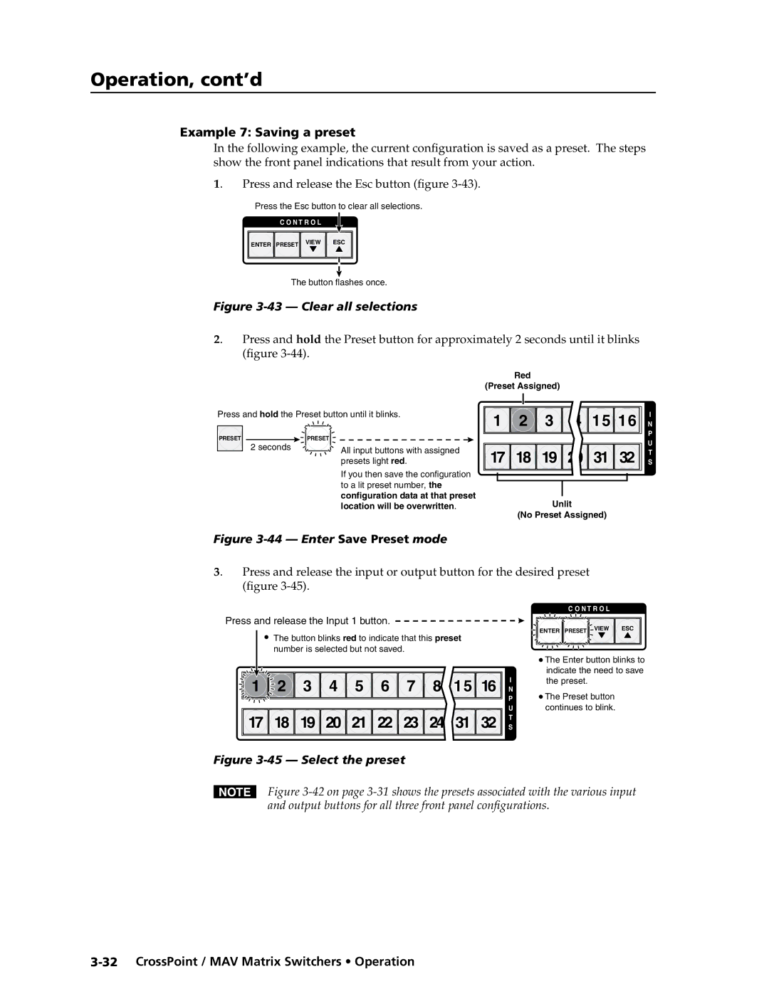 Extron electronic MAV Plus Series Example 7 Saving a preset, Seconds All input buttons with assigned Presets light red 