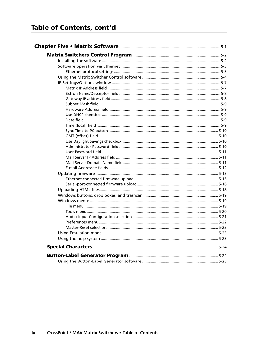 Extron electronic MAV Plus Series, Ultra Series manual Iv CrossPoint / MAV Matrix Switchers Table of Contents 