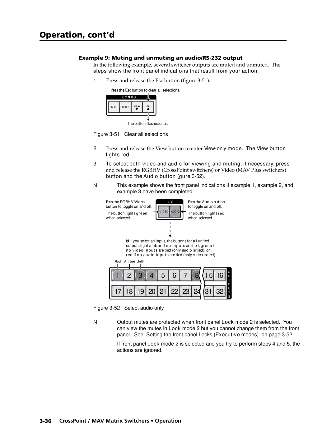 Extron electronic MAV Plus Series, Ultra Series Example 9 Muting and unmuting an audio/RS-232 output, Clear all selections 