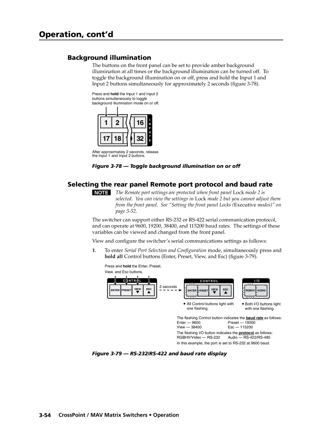 Extron electronic MAV Plus Series Background illumination, Selecting the rear panel Remote port protocol and baud rate 