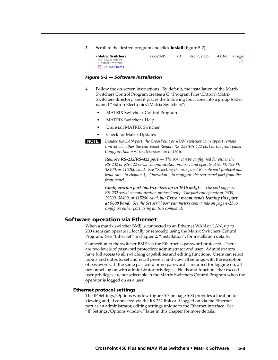 Extron electronic MAV Plus Series manual Software operation via Ethernet, Ethernet protocol settings 