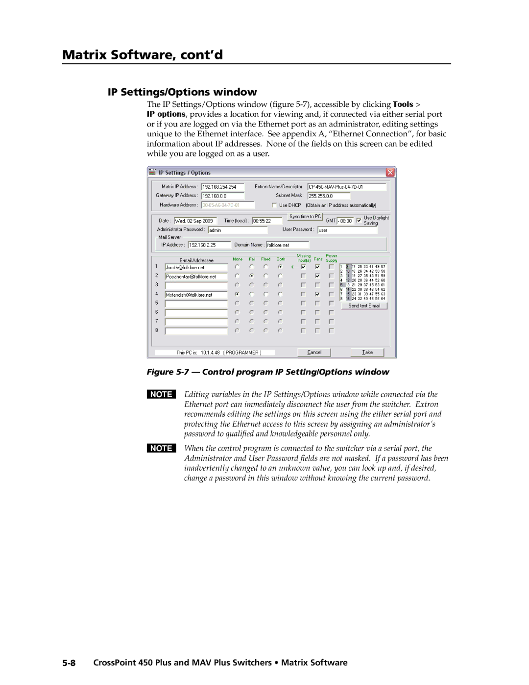Extron electronic MAV Plus Series manual IP Settings/Options window, Control program IP Setting/Options window 