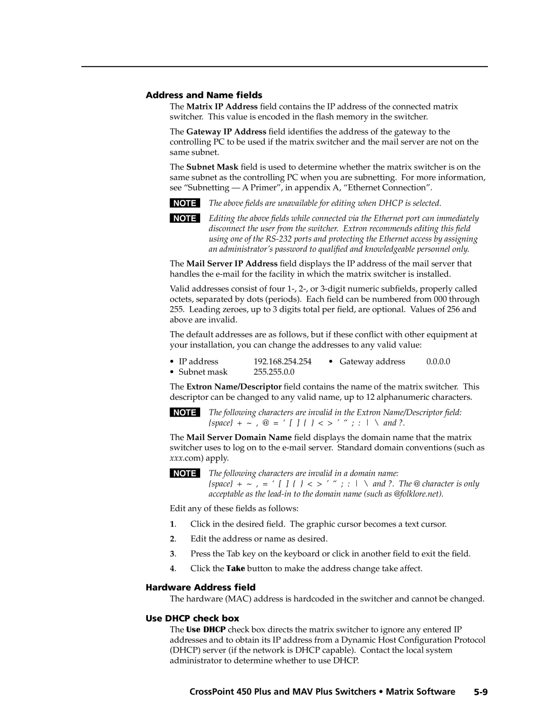 Extron electronic MAV Plus Series manual Address and Name fields, Hardware Address field, Use Dhcp check box 