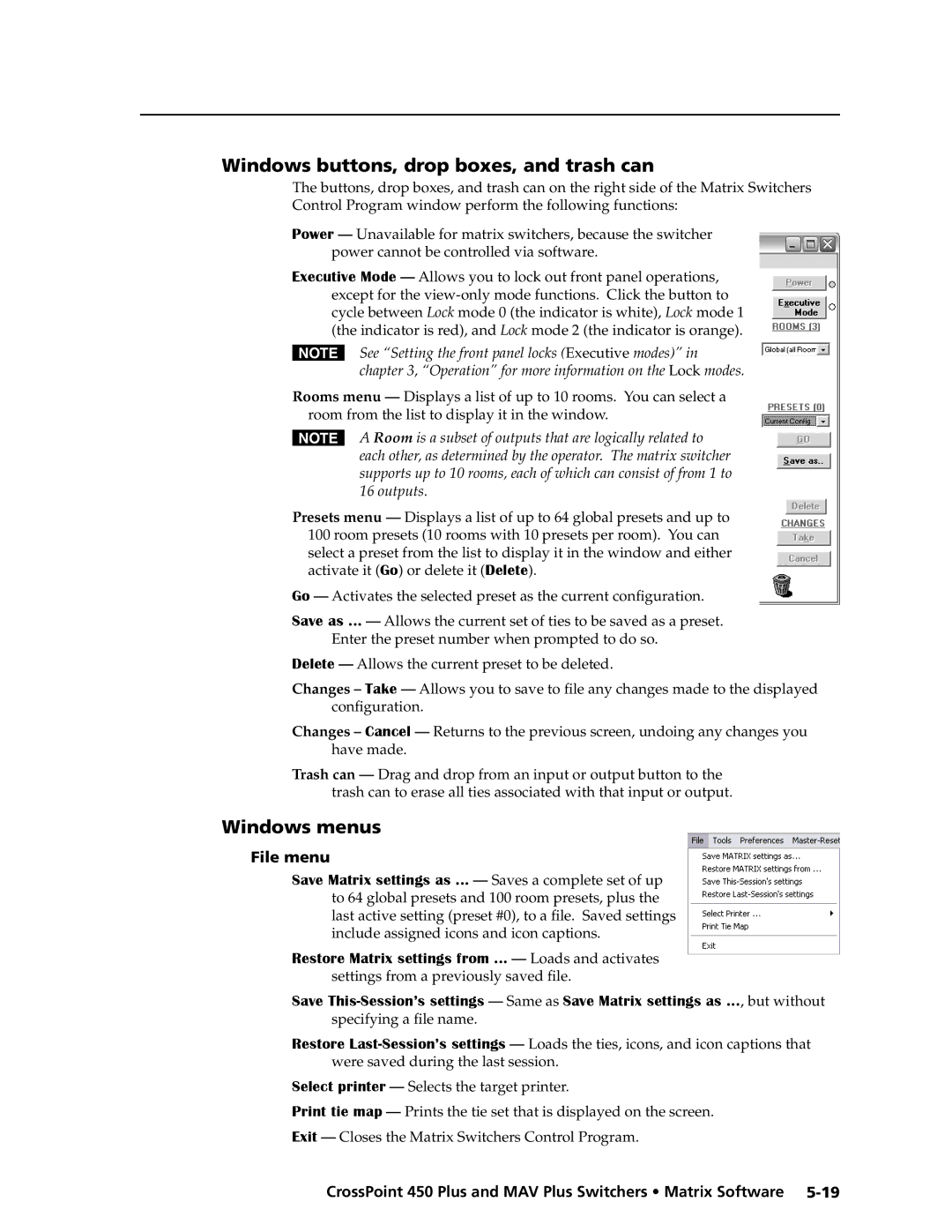 Extron electronic MAV Plus Series manual Windows buttons, drop boxes, and trash can, Windows menus, File menu 