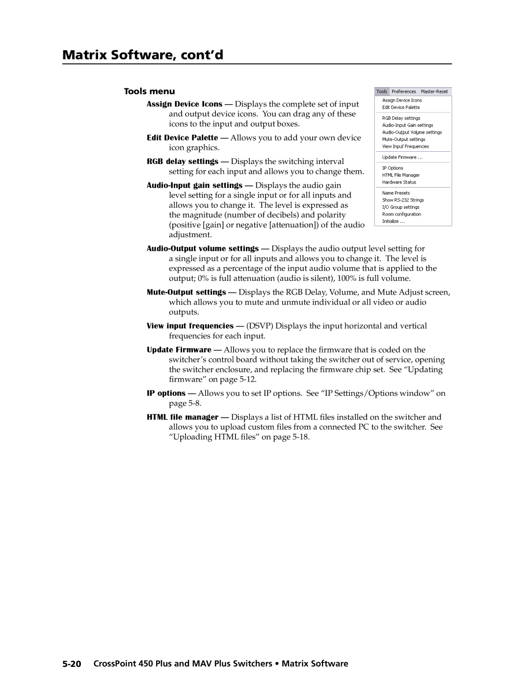 Extron electronic MAV Plus Series manual Tools menu 