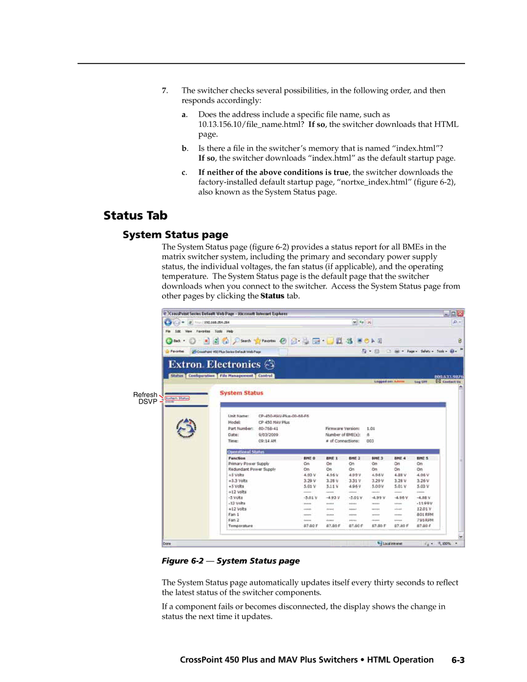 Extron electronic MAV Plus Series manual Status Tab, System Status 