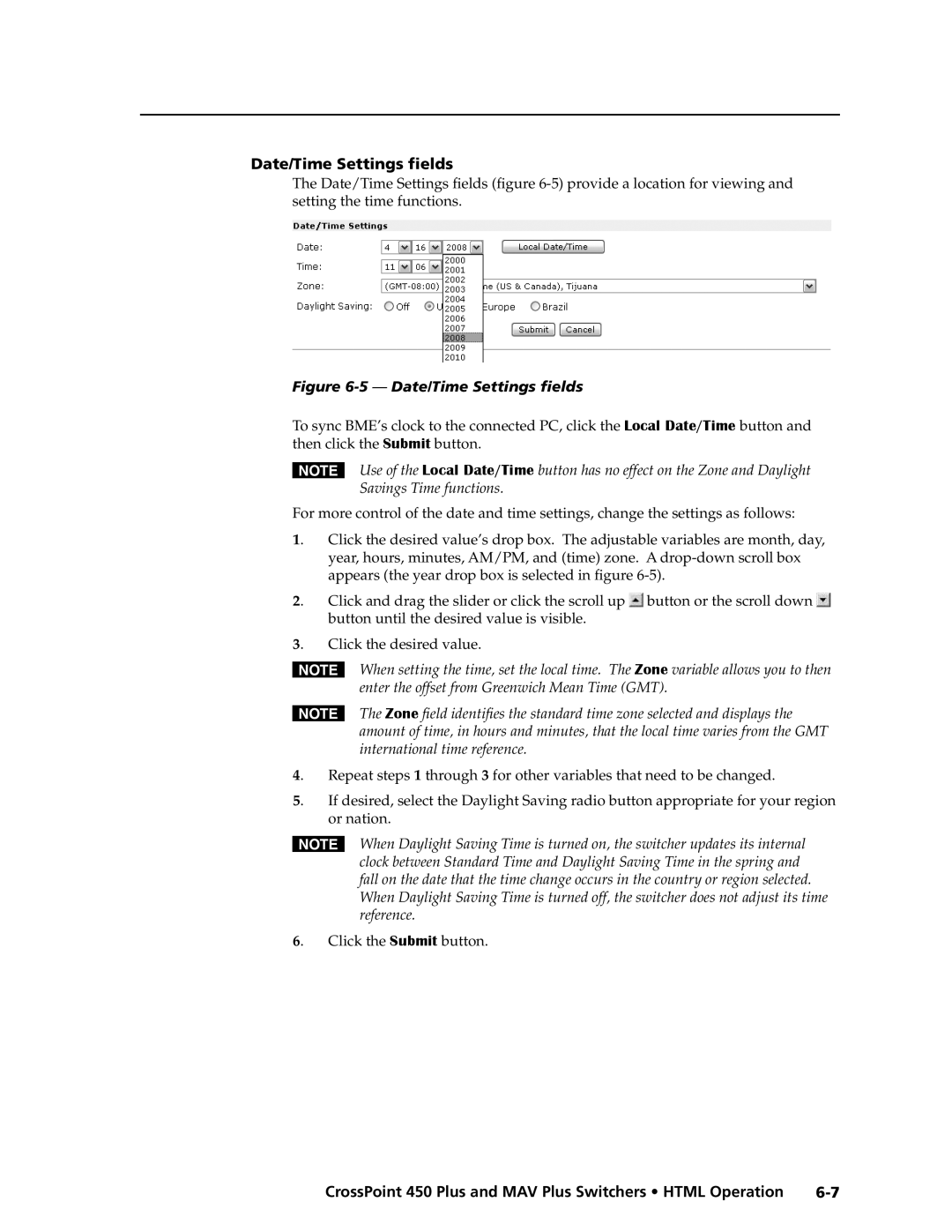 Extron electronic MAV Plus Series manual Date/Time Settings fields 