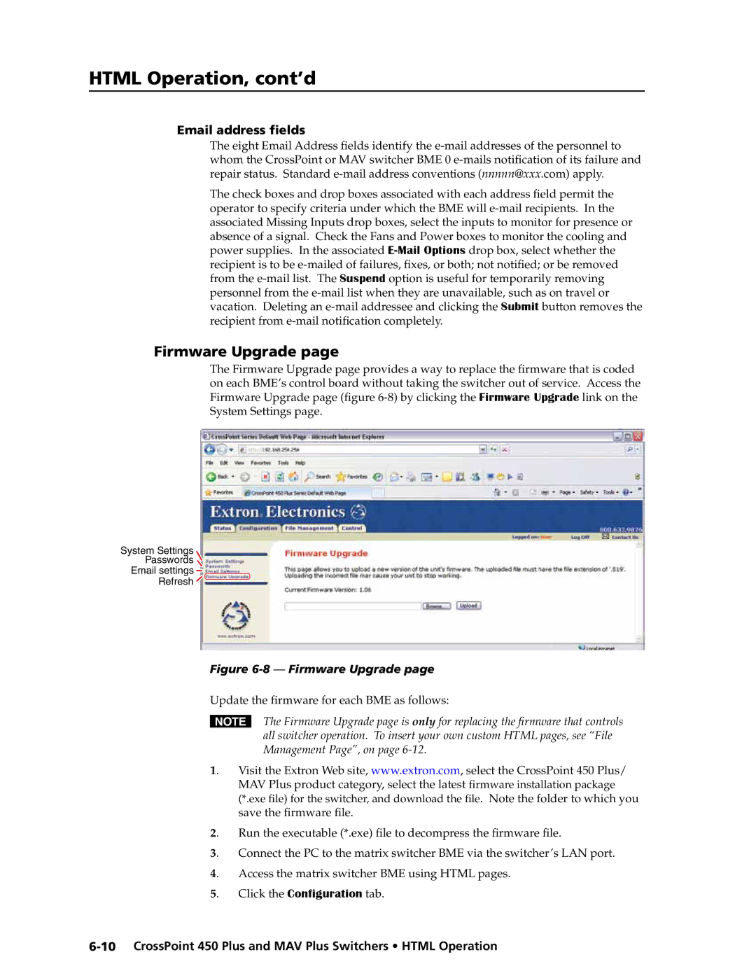 Extron electronic MAV Plus Series manual Firmware Upgrade, Email address fields 