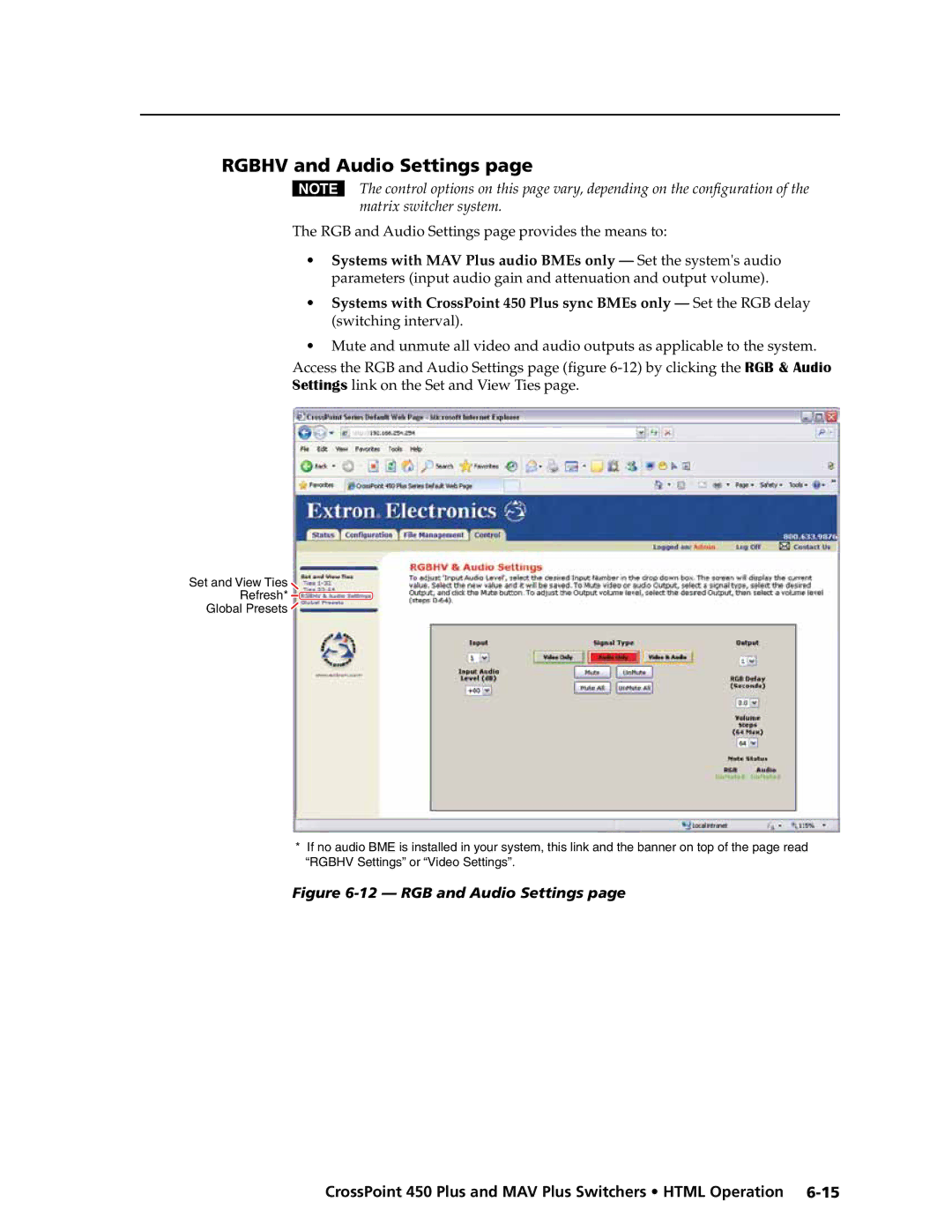 Extron electronic MAV Plus Series manual Rgbhv and Audio Settings, RGB and Audio Settings 