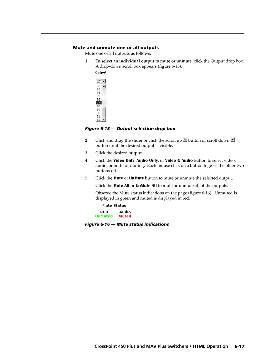 Extron electronic MAV Plus Series manual Mute and unmute one or all outputs, Output selection drop box 