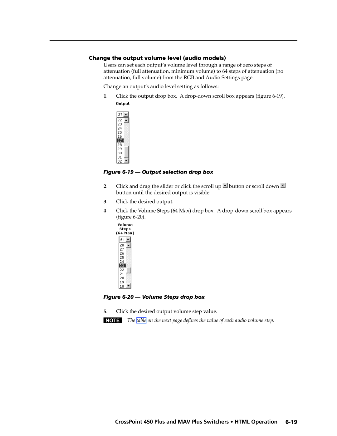 Extron electronic MAV Plus Series manual Change the output volume level audio models\⤀, Output selection drop box 