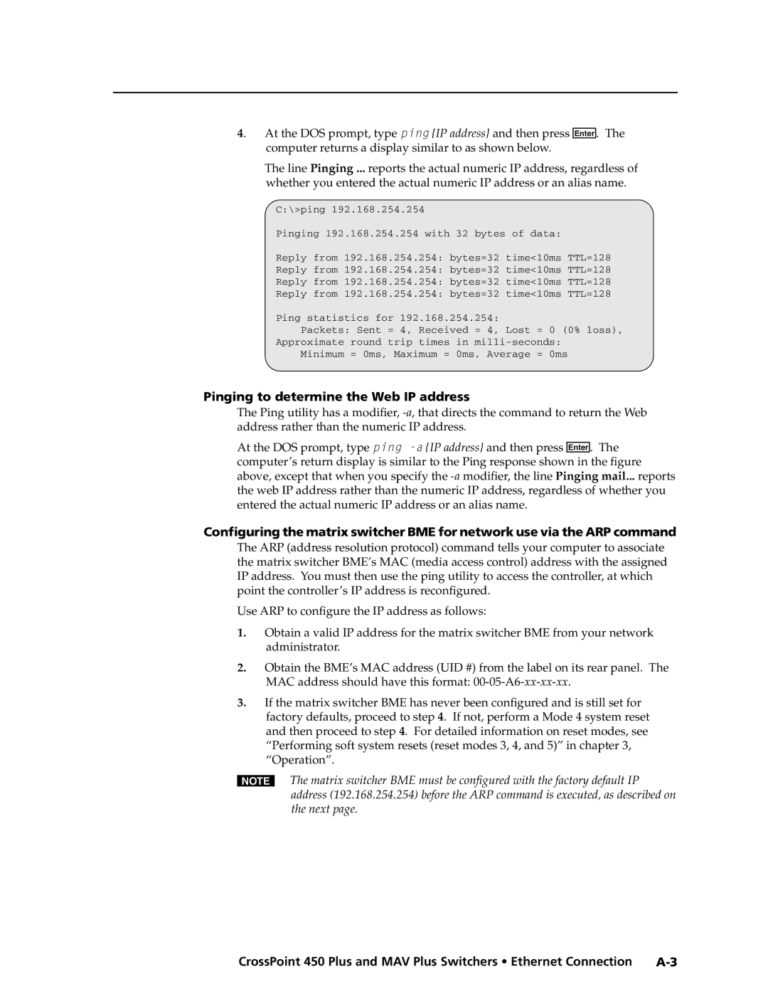 Extron electronic MAV Plus Series manual Pinging to determine the Web IP address 