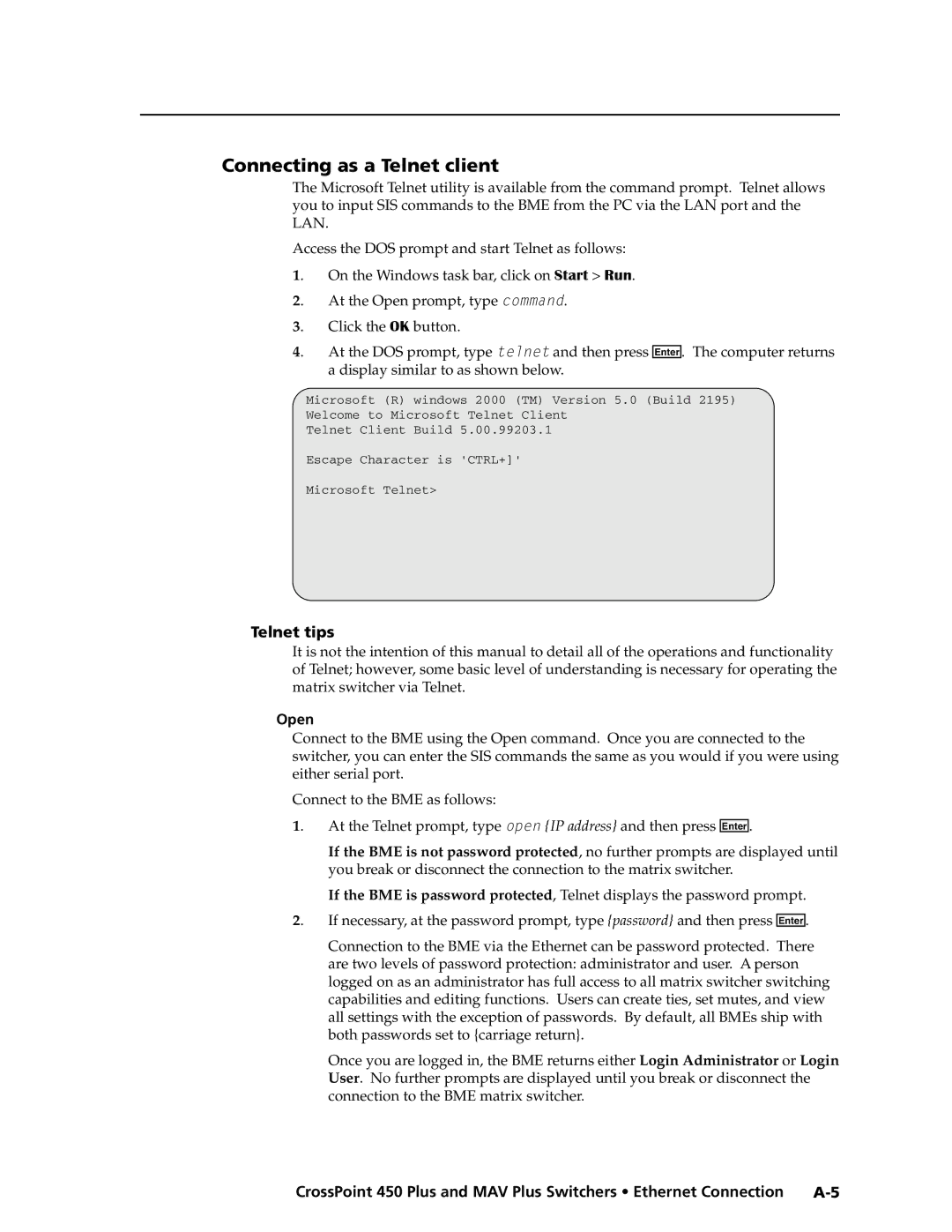Extron electronic MAV Plus Series manual Connecting as a Telnet client, Telnet tips, Open 