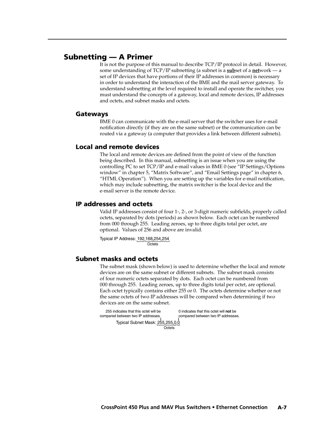 Extron electronic MAV Plus Series manual Subnetting a Primer, Gateways, Local and remote devices, IP addresses and octets 