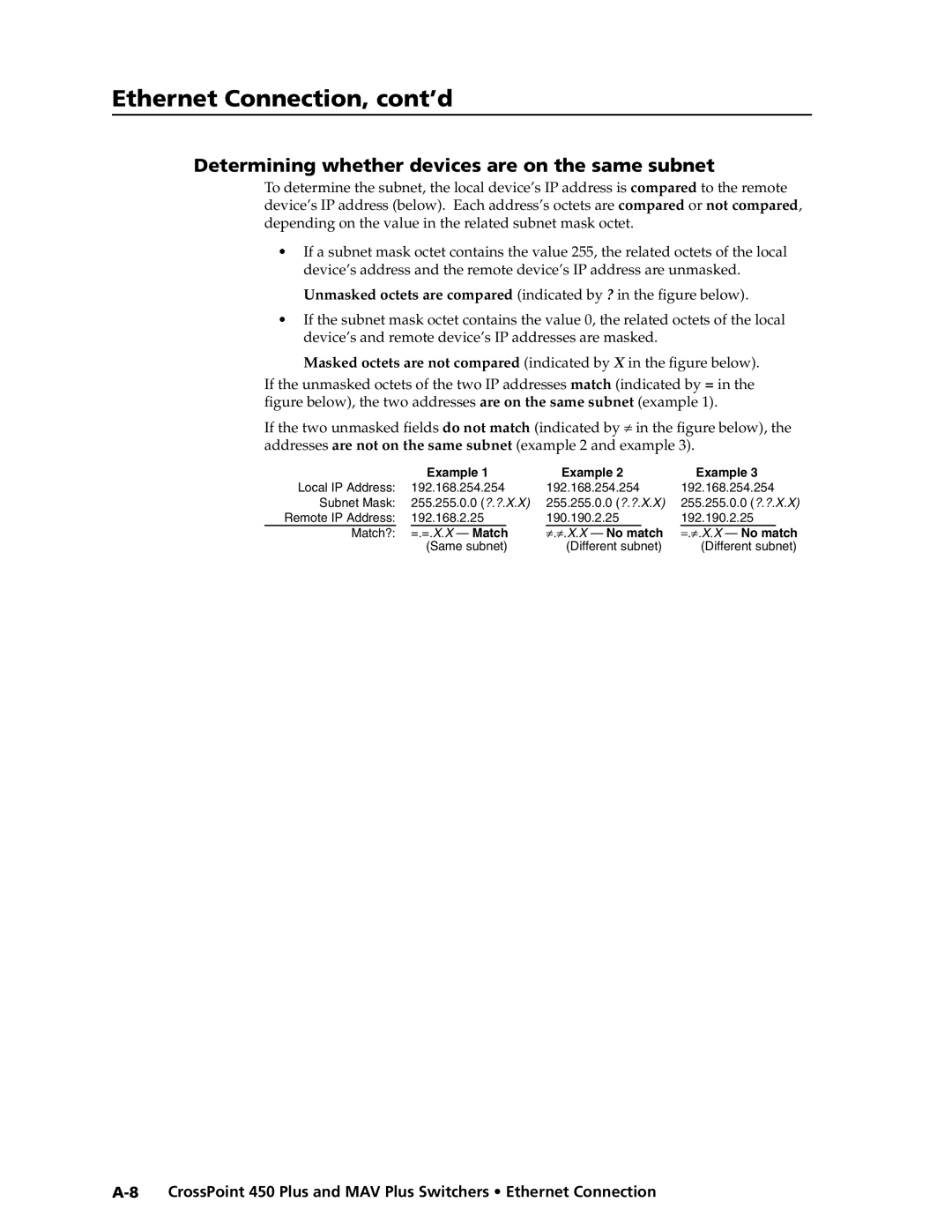 Extron electronic MAV Plus Series manual Determining whether devices are on the same subnet, Example 