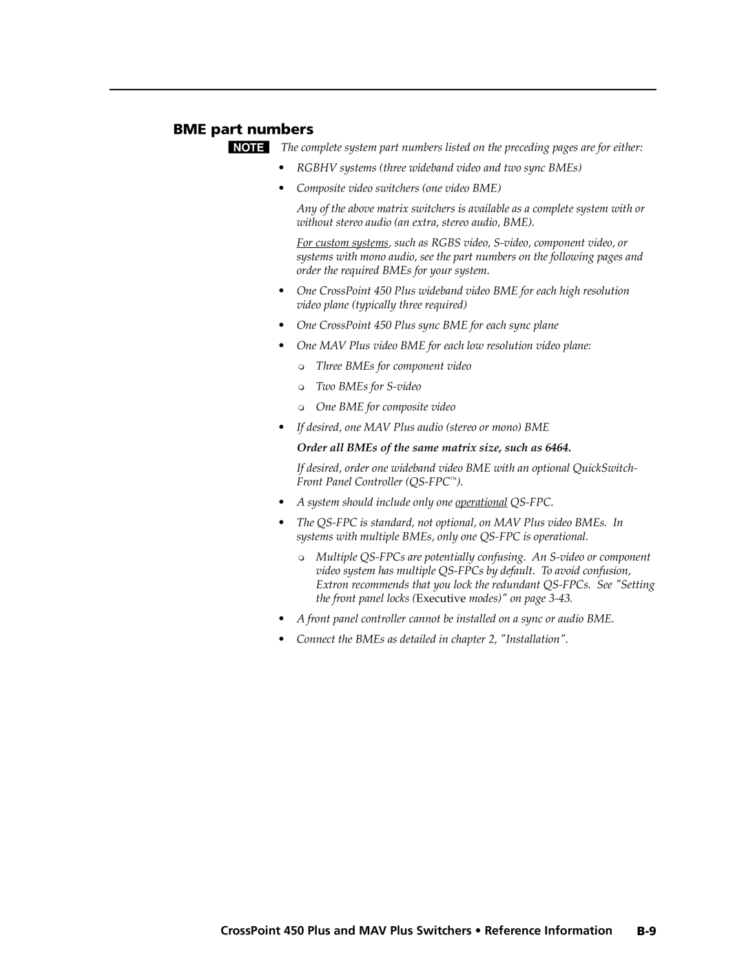 Extron electronic MAV Plus Series manual BME part numbers, Order all BMEs of the same matrix size, such as 