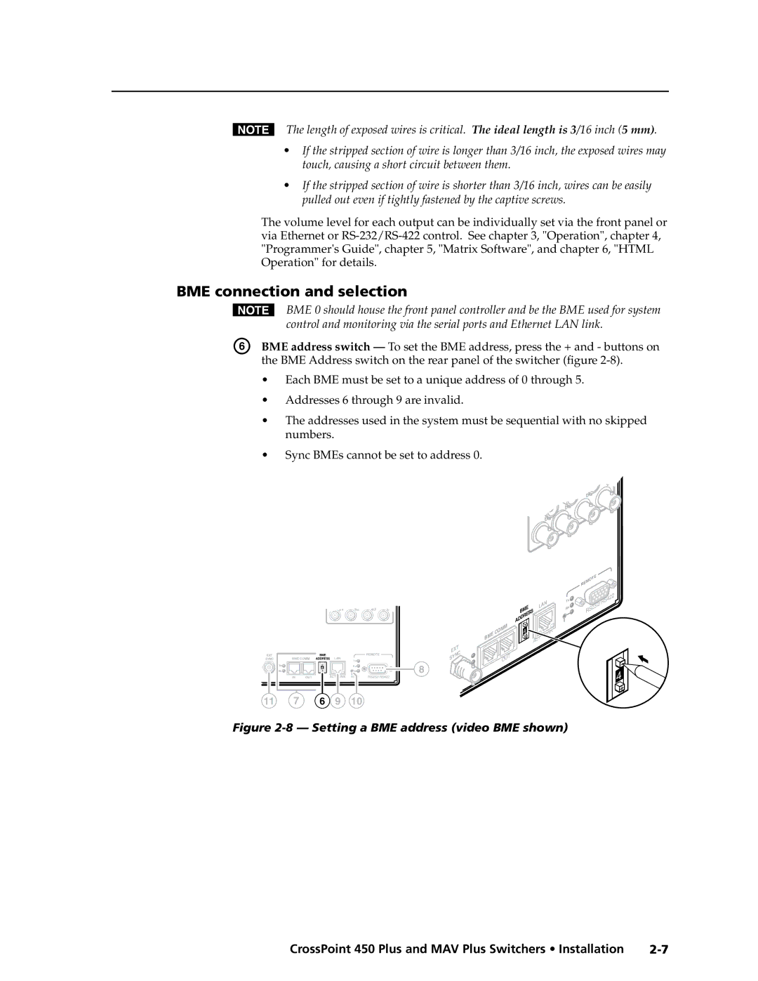 Extron electronic MAV Plus Series manual BME connection and selection, Setting a BME address video BME shown 