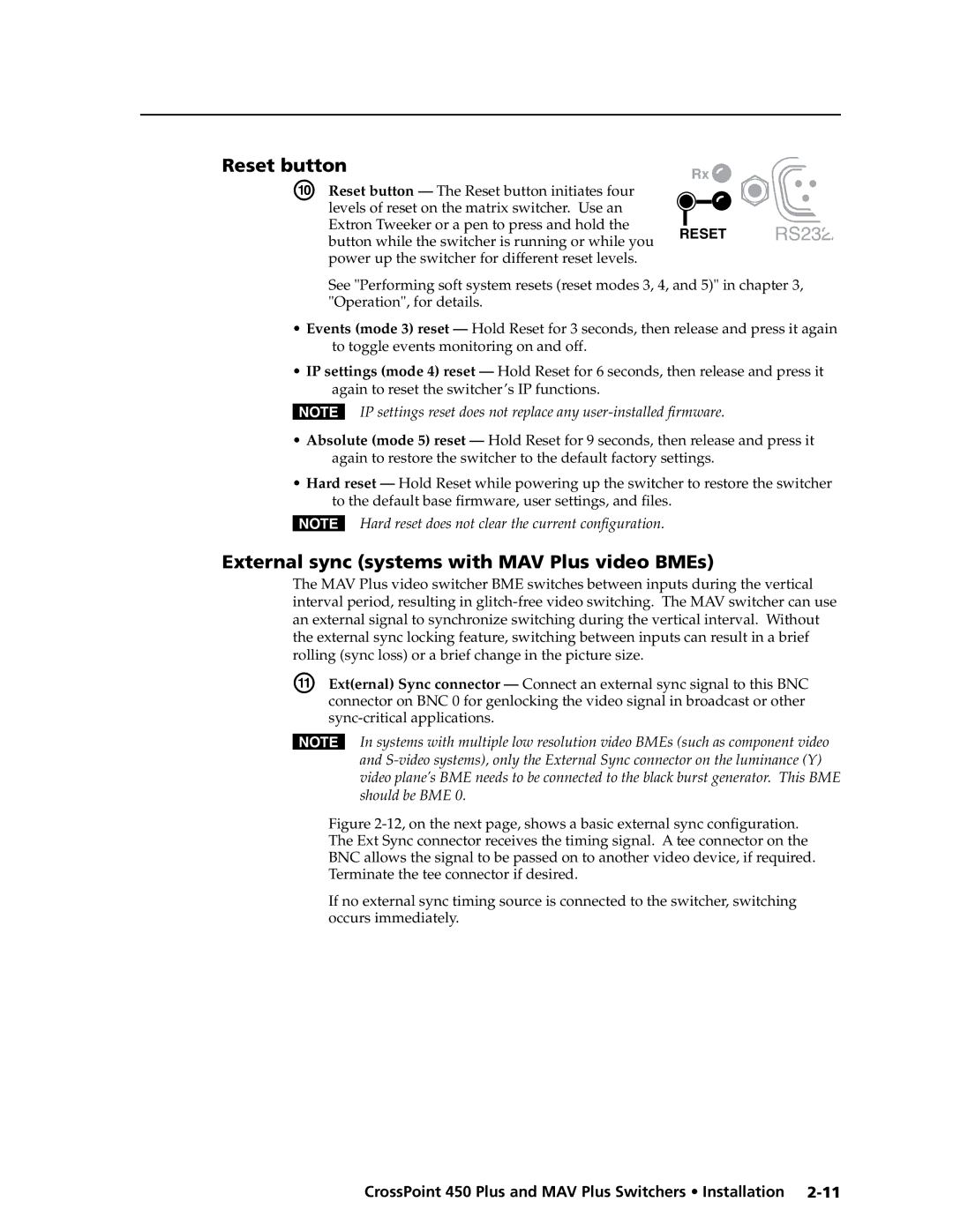 Extron electronic MAV Plus Series manual Reset button, External sync systems with MAV Plus video BMEs\⤀ 