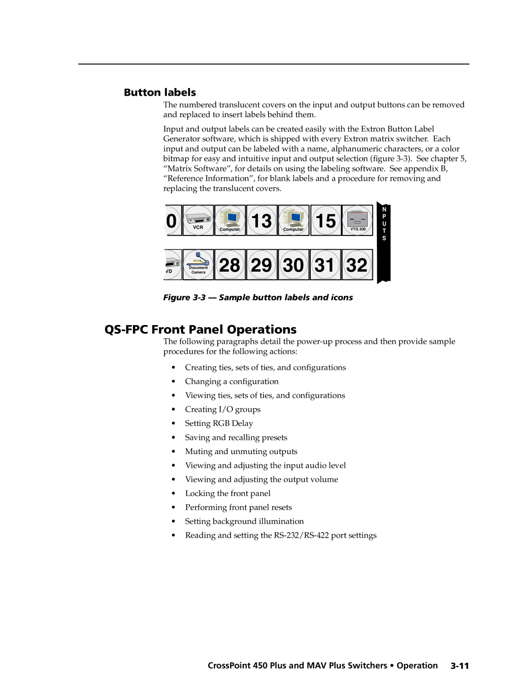 Extron electronic MAV Plus Series manual QS-FPC Front Panel Operations, Button labels 