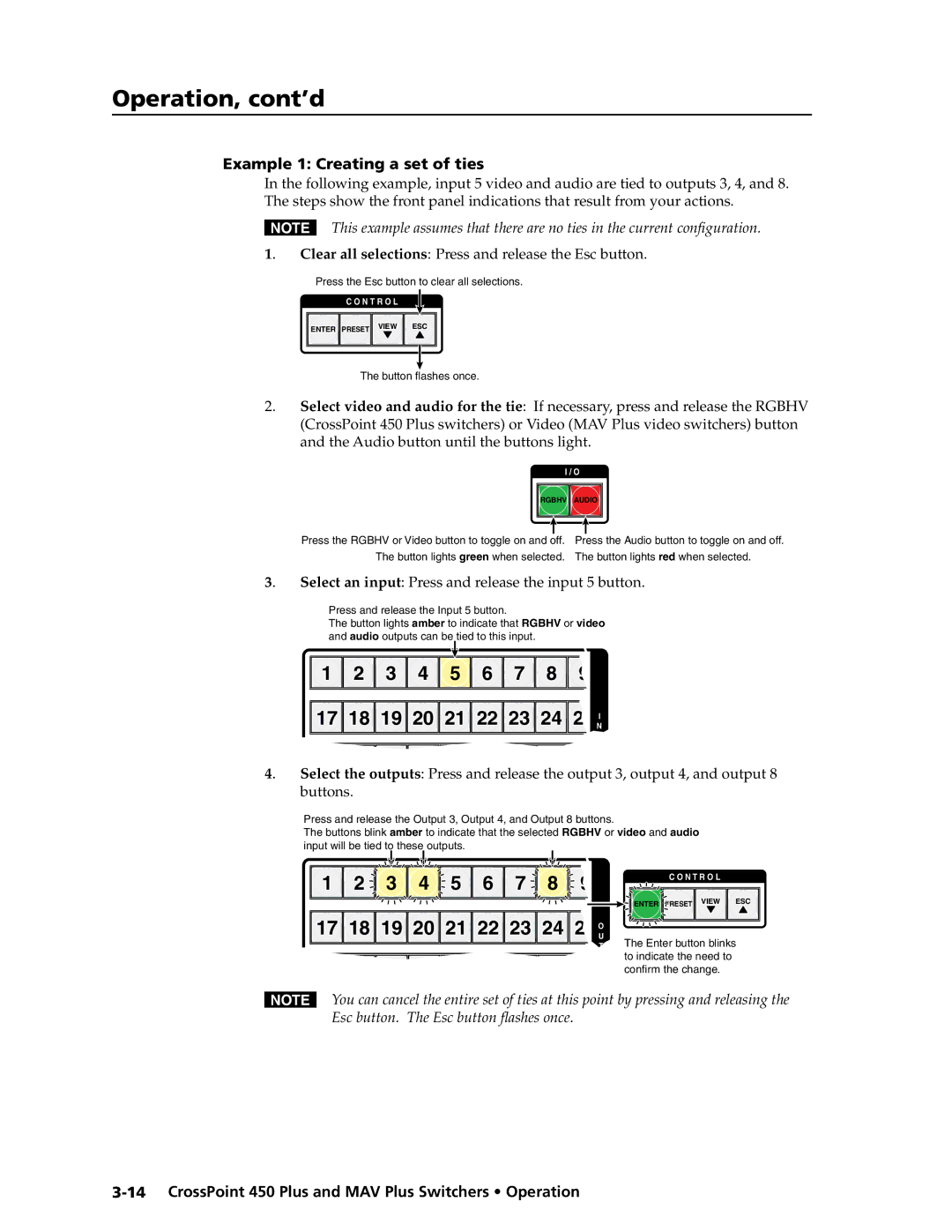 Extron electronic MAV Plus Series Example 1 Creating a set of ties, Select an input Press and release the input 5 button 