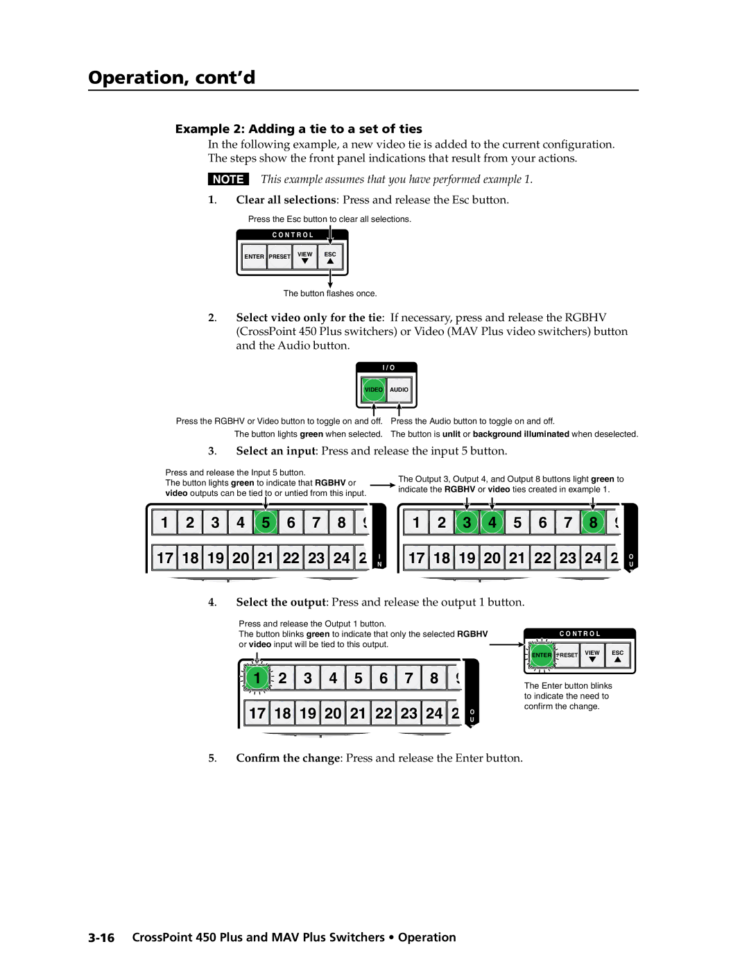 Extron electronic MAV Plus Series manual Example 2 Adding a tie to a set of ties, Press and release the Input 5 button 