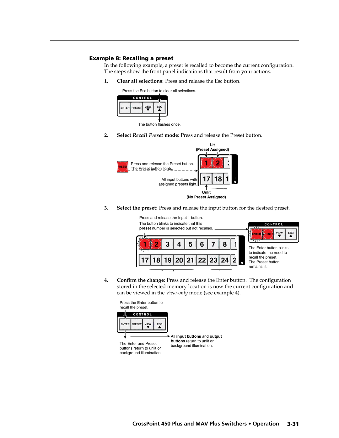 Extron electronic MAV Plus Series manual Example 8 Recalling a preset, 4 5 6 7 8 17 18 19 20 21 22 23 24 NI 