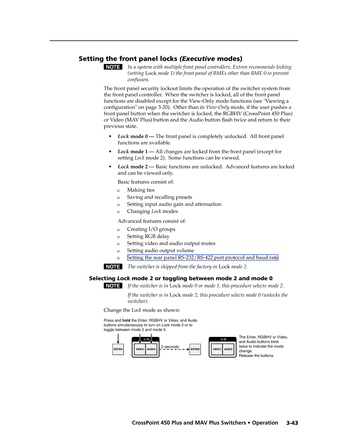 Extron electronic MAV Plus Series manual Setting the front panel locks Executive modes\⤀ 