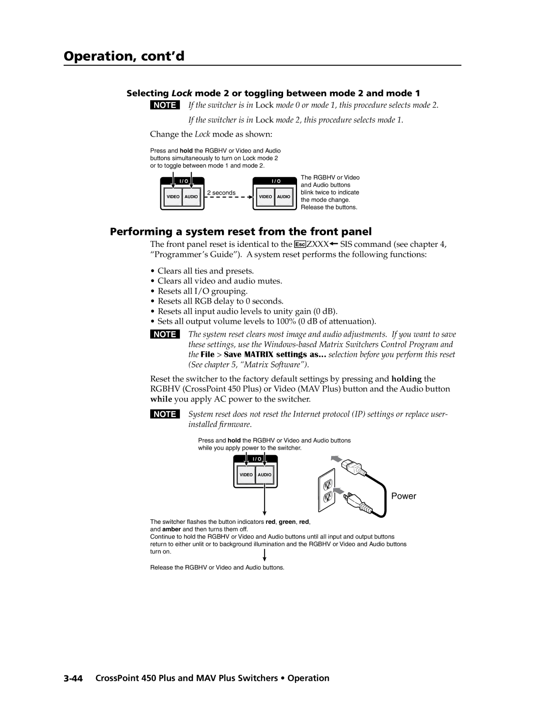 Extron electronic MAV Plus Series manual Performing a system reset from the front panel, Power 