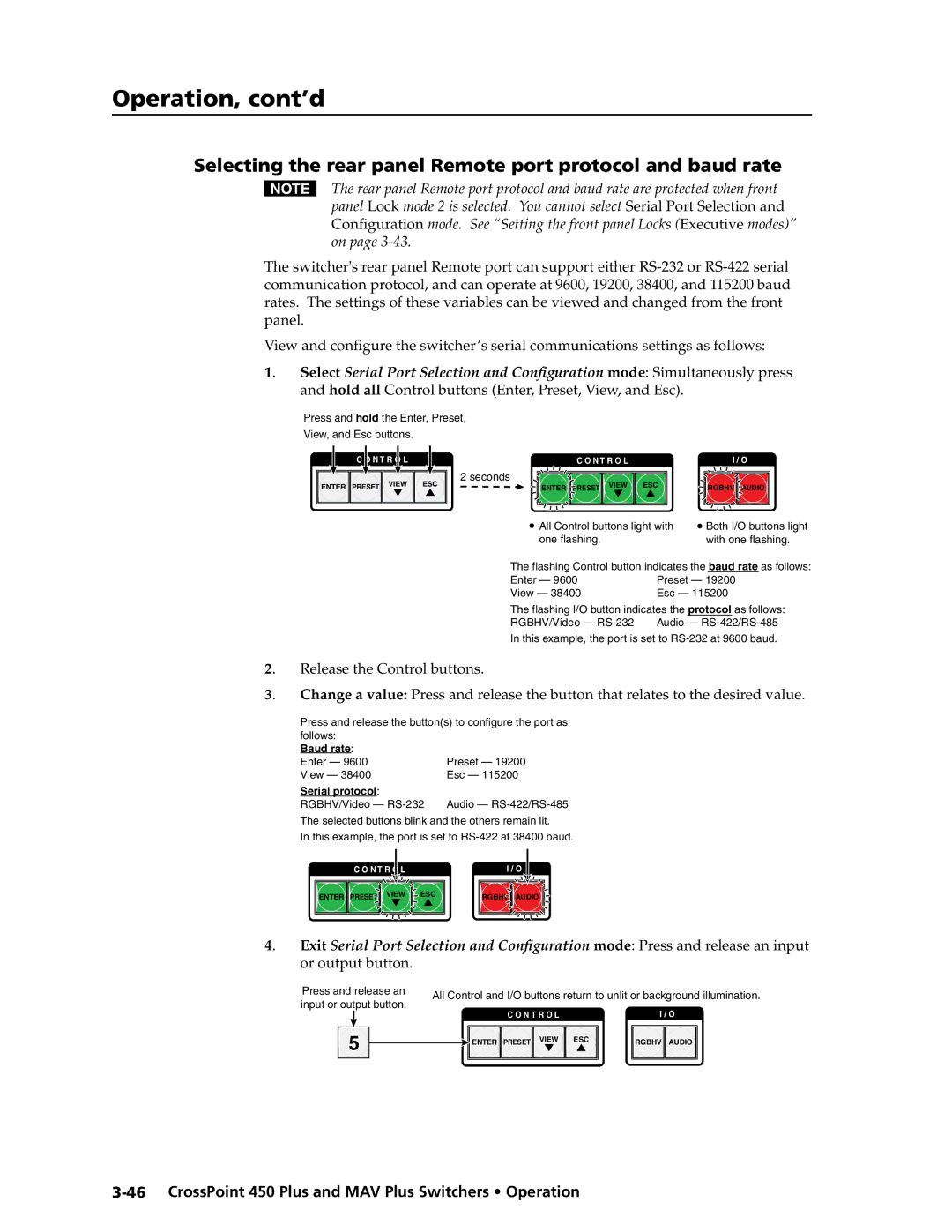 Extron electronic MAV Plus Series manual Selecting the rear panel Remote port protocol and baud rate, Serial protocol 