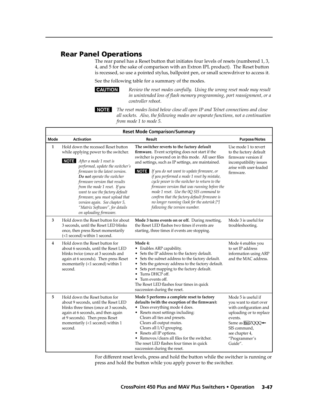 Extron electronic MAV Plus Series manual Rear Panel Operations, Reset Mode Comparison/Summary 