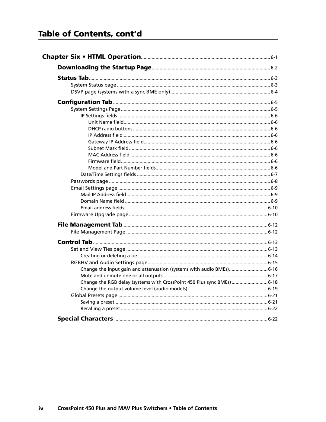 Extron electronic MAV Plus Series manual Table of Contents, cont’d 