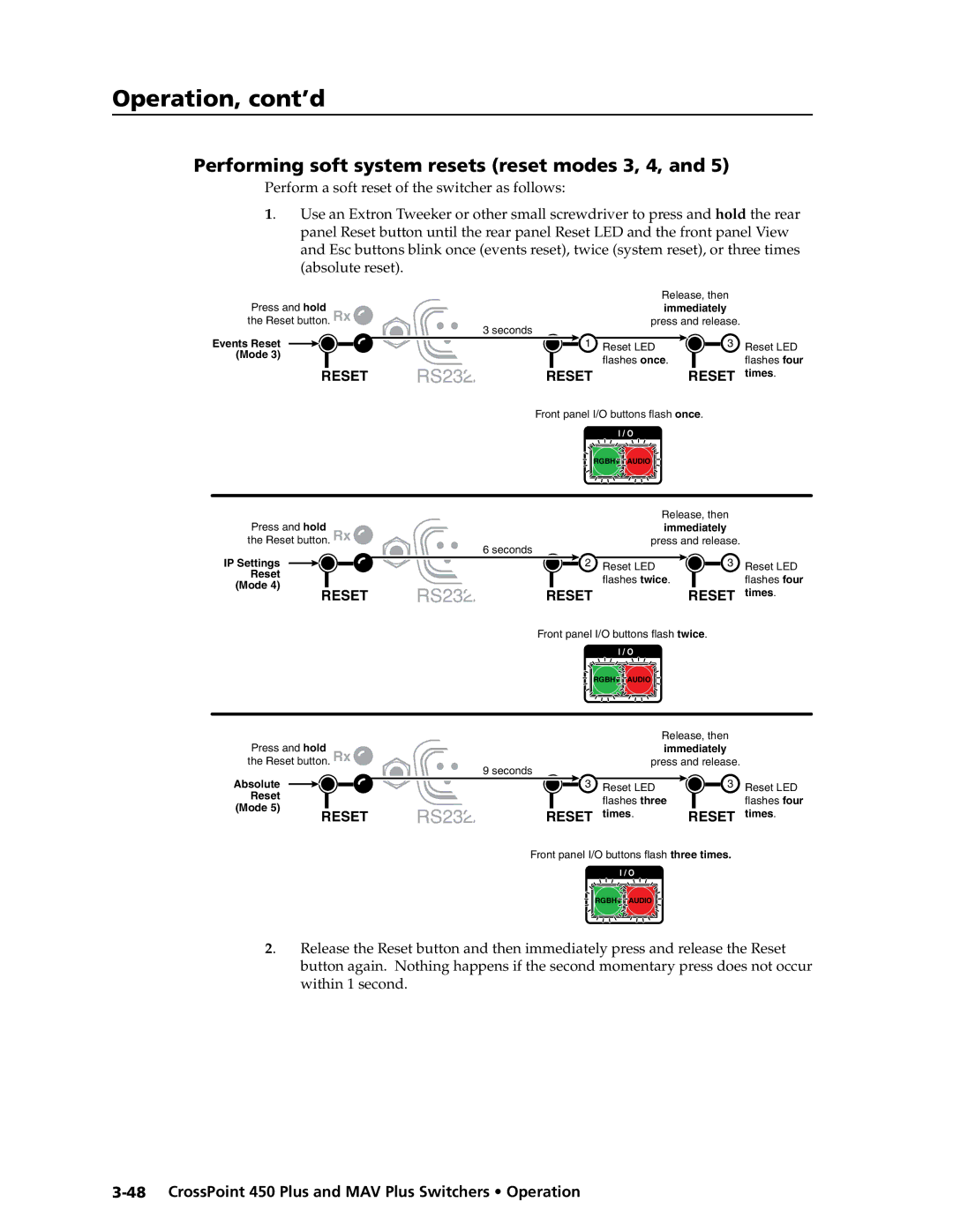 Extron electronic MAV Plus Series manual Performing soft system resets reset modes 3, 4, and 5\⤀, Reset times 