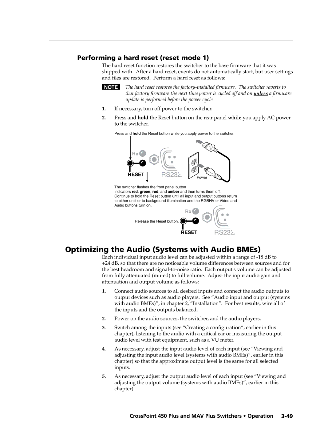 Extron electronic MAV Plus Series manual Optimizing the Audio Systems with Audio BMEs, Performing a hard reset reset mode 