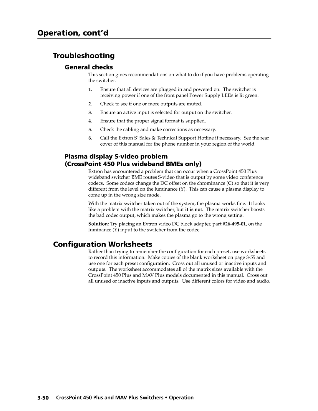 Extron electronic MAV Plus Series manual Troubleshooting, Configuration Worksheets, General checks 