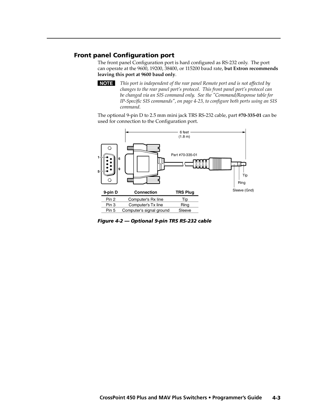 Extron electronic MAV Plus Series manual Front panel Configuration port, Optional 9-pin TRS RS-232 cable 