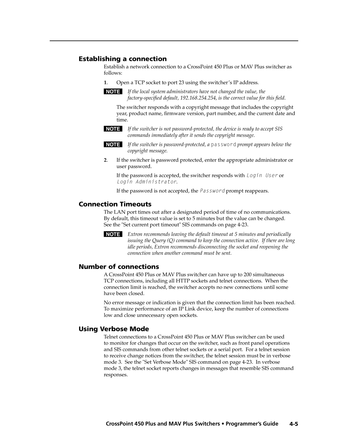 Extron electronic MAV Plus Series manual Establishing a connection, Connection Timeouts, Number of connections 