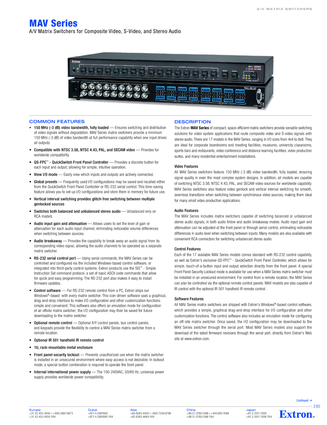 Extron electronic MAV Series specifications Common Features, 295 