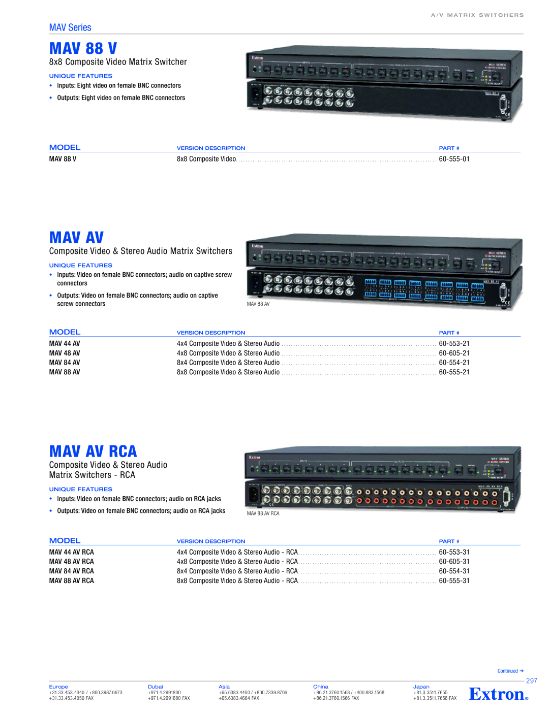 Extron electronic MAV Series specifications Mav Av Rca, 8x8 Composite Video Matrix Switcher 