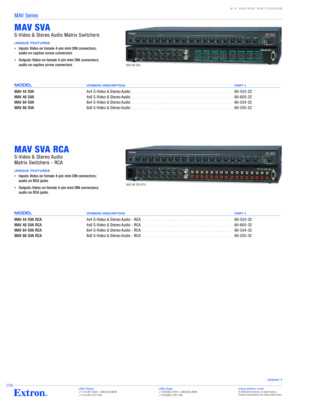 Extron electronic MAV Series specifications Mav Sva Rca, Video & Stereo Audio Matrix Switchers 