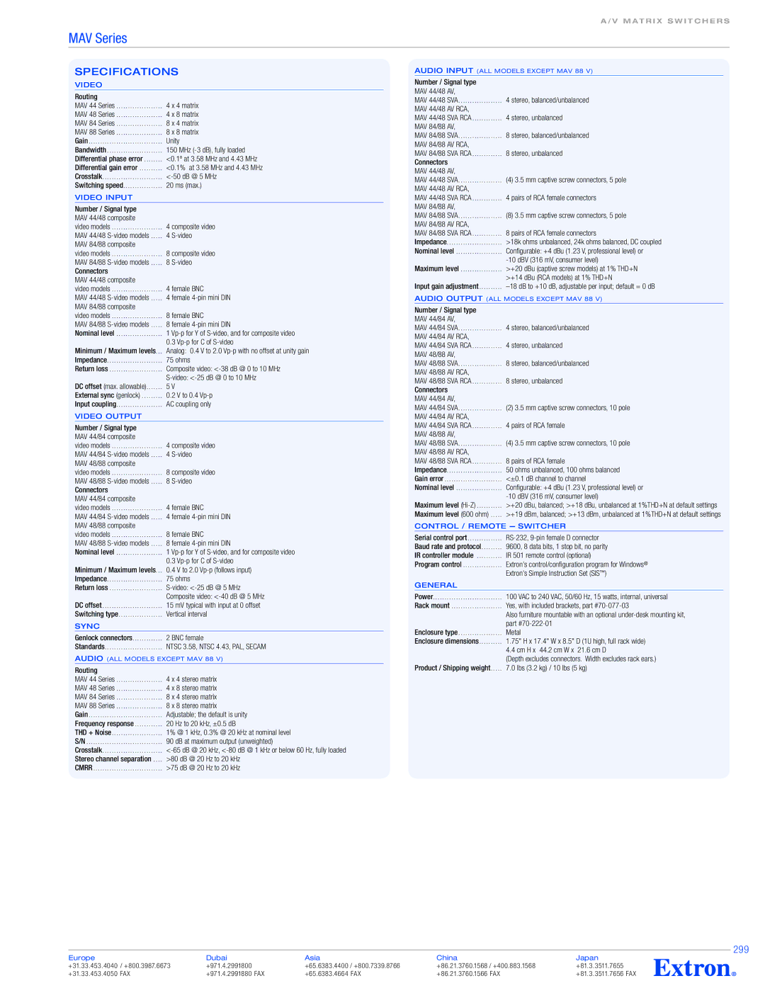 Extron electronic MAV Series specifications Specifications, 299 