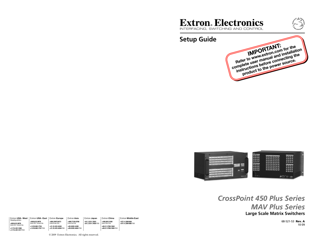Extron electronic setup guide Large Scale Matrix Switchers, MAV Plus Series, CrossPoint 450 Plus Series, Setup Guide 