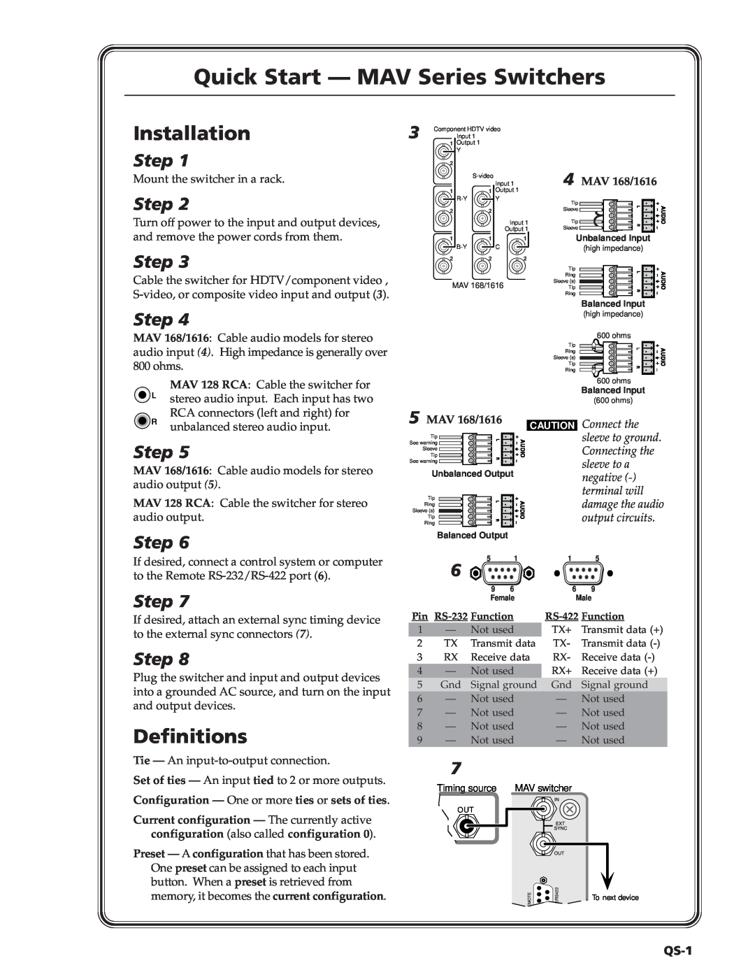 Extron electronic manual Quick Start - MAV Series Switchers, Installation, Definitions, MAV 168/1616, QS-1, Step 